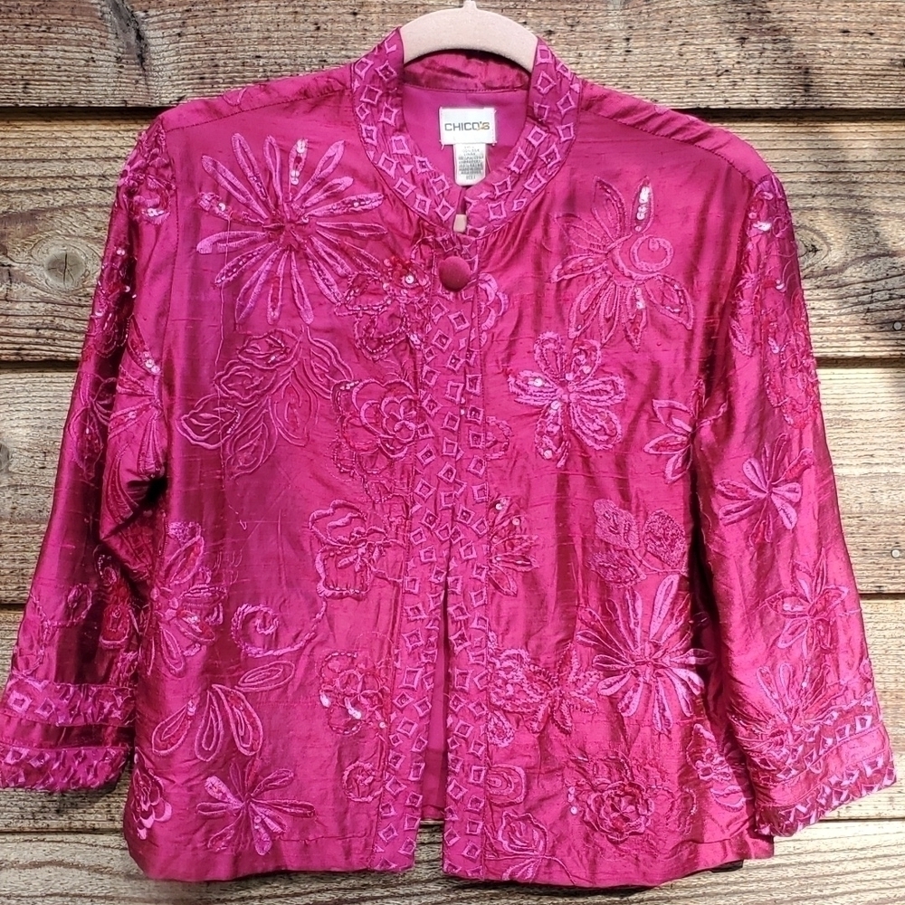 Chicos Silk Ornate Jacket Fushia Size 1